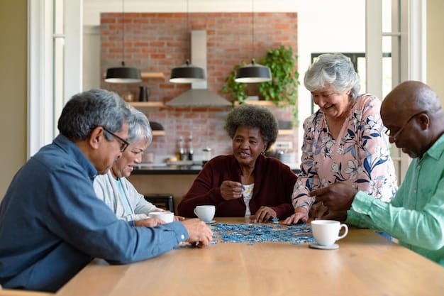 A diverse group of senior citizens smiling and participating in a community activity, symbolizing how lower prescription costs might improve their overall quality of life.