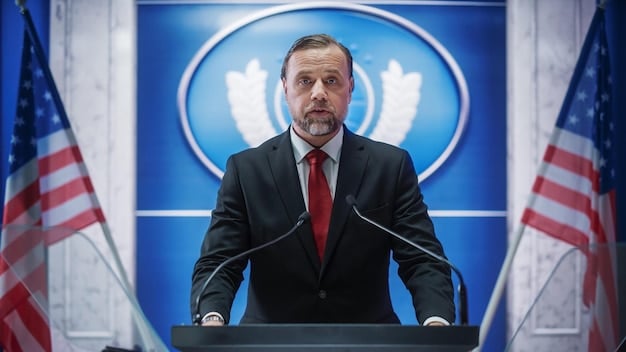 A photograph of President Biden addressing the nation about the new initiatives to combat inflation. The backdrop should be a formal setting, possibly the White House briefing room.