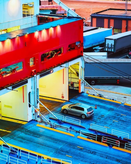 A photo illustrating a modern, efficient port operation with visible technology enhancing the movement of goods. Containers should be neatly stacked and machinery should appear state-of-the-art.