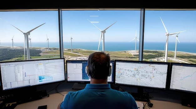 A high-tech control room monitoring the performance of a wind farm. Engineers are analyzing data and making adjustments, illustrating the technological and operational aspects of renewable energy management.
