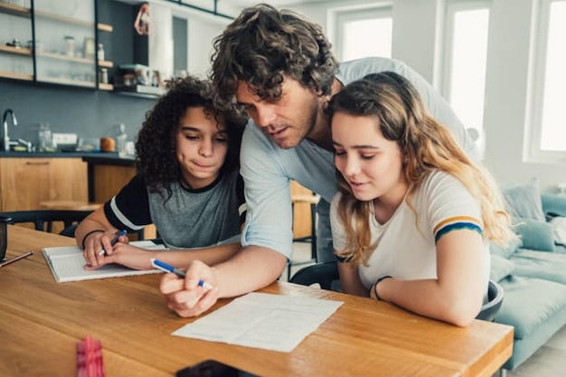 A family happily reviewing their college savings plan statements, highlighting the benefits of tax-advantaged investing and discussing future educational goals.