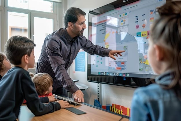 A teacher using an AI-powered dashboard to track student progress and identify areas where students are struggling, allowing them to provide targeted support and intervention. The dashboard displays various metrics and visualizations, making it easy for the teacher to understand student performance at a glance.