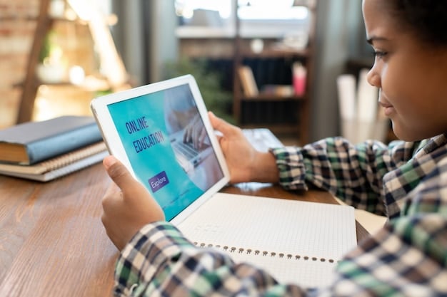 A student using a tablet with an AI-powered learning app that adapts to their skill level and learning pace. The app provides personalized feedback and recommendations, helping the student to master the material at their own speed.