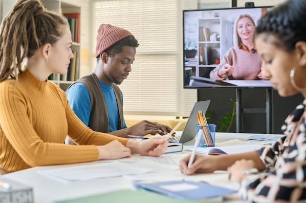 A diverse group of students participating in a live online class via video conferencing. The scene shows interaction, engagement, and the use of technology to connect learners from different locations. The mood is collaborative and dynamic.