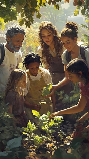 A group of young adults volunteering together in a community garden, illustrating the experiential learning and sense of purpose that can be cultivated during a gap year. They are smiling and engaged in their tasks.