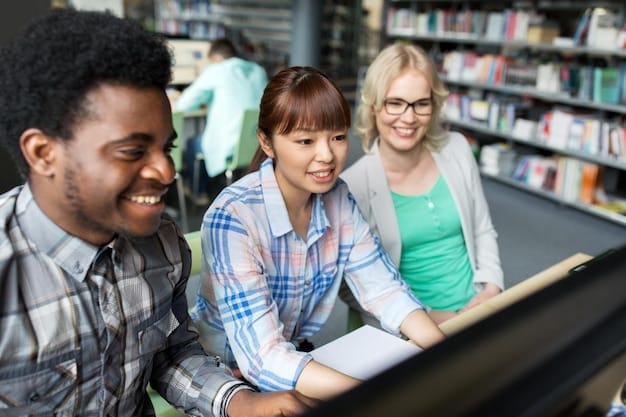 A diverse group of students collaborating on scholarship applications together in a library, symbolizing teamwork and shared aspirations.