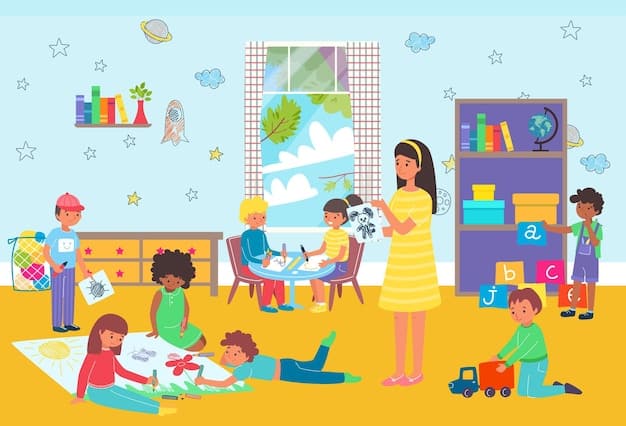 A classroom scene with young children engaged in learning activities, interacting with their teacher, and playing with educational toys, showcasing the supportive environment.