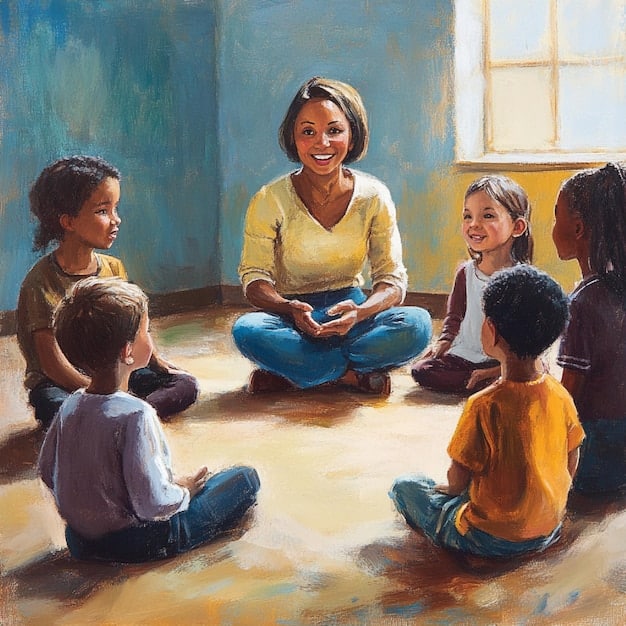 A group of children sitting in a circle with their teacher, engaged in a discussion and showing positive emotions. The classroom is decorated with colorful posters and artwork.