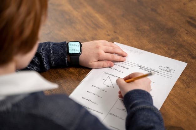 A student working on a practice test; a clock is visible in the background, simulating exam conditions. There are notes around the desk indicating practice problem solutions.