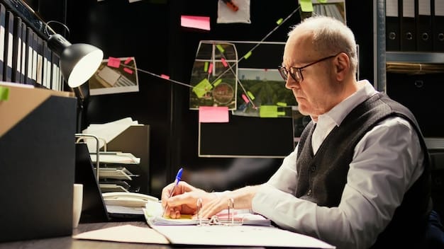 A close-up shot of a banker at a desk reviewing financial reports and graphs related to Basel III compliance, emphasizing the attention to detail and analysis required.