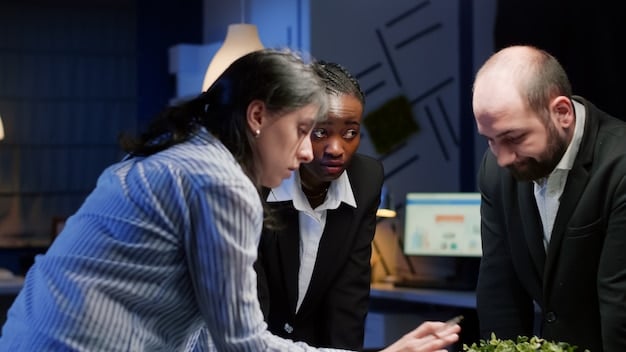 A photograph of a diverse team of banking professionals collaborating in a modern office, symbolizing strategic planning and adaptation to regulatory changes.