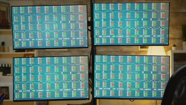 An aerial view of a bustling trading floor, with screens displaying real-time market data and traders actively engaged in buying and selling. The image captures the fast-paced and dynamic nature of the financial markets.