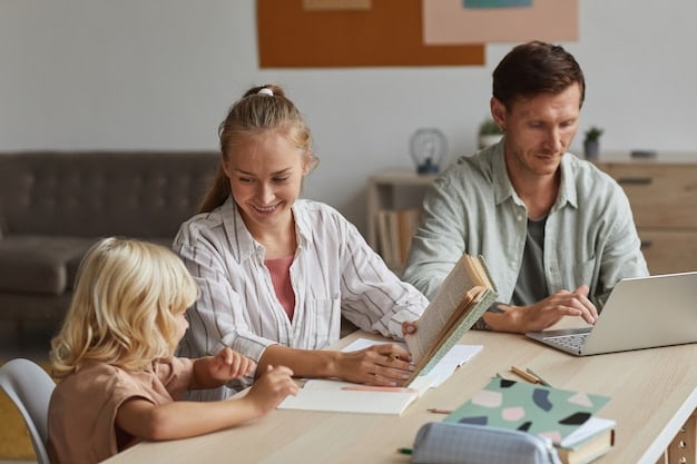 An image showcasing a family (parents and a child) sitting together at a table, reviewing brochures and documents about different 529 education plans, with an open laptop displaying plan details.