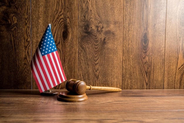 A gavel resting on a stack of legal documents, symbolizing the appeals process for SSDI claims, with a blurred background of law books and an American flag.
