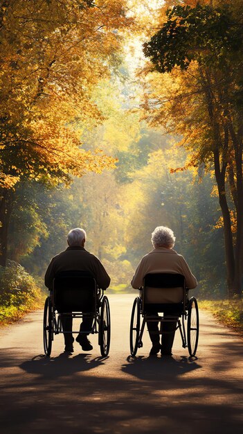 A split image showing a person using a wheelchair on one side and an elderly person using a cane on the other, both smiling and looking towards a bright future.