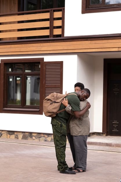 A veteran receiving the keys to their new home from a VA representative. The veteran is smiling and appears grateful, and the scene is set in front of a modest but well-maintained house.