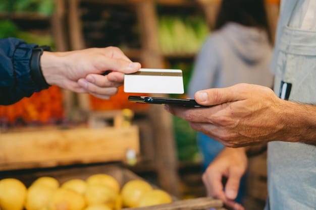 A close-up shot of a SNAP Electronic Benefit Transfer (EBT) card being used at a farmers market, showcasing access to fresh and local produce.