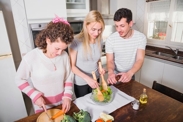 A family happily preparing a meal together in their kitchen, using fresh ingredients purchased with SNAP benefits.