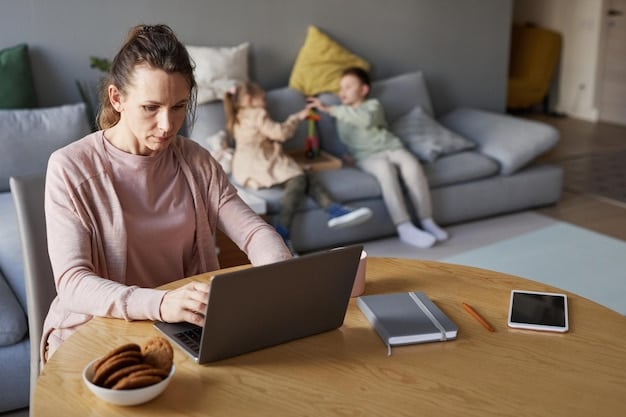 A person working on a laptop in a bright, comfortable home office setting, symbolizing the blend of work and personal life that Paid Family Leave supports.