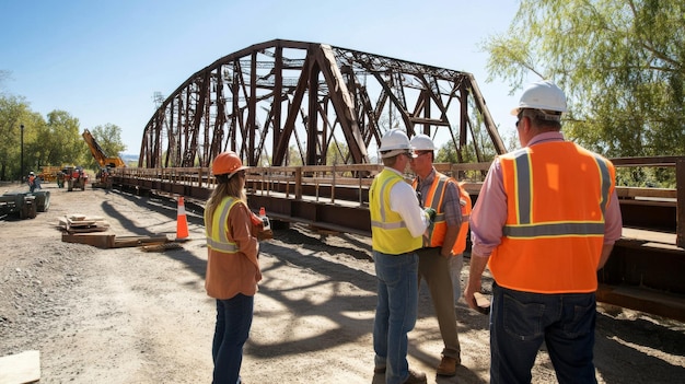 Workers constructing a new bridge span in a rural area of the United States. The photo emphasizes the job creation and infrastructure development aspects of the 
