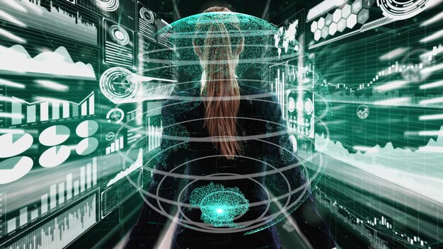 A graphic visualization of an AI network analyzing data streams for anomalies and potential cybersecurity threats. The image includes representations of firewalls, encryption keys, and security protocols. The image conveys the power of AI in enhancing cybersecurity measures and improving data protection.
