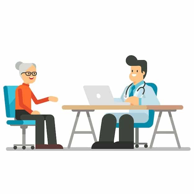 A doctor sitting at a desk speaking with an elderly patient and what seems to be his daughter. It shows doctors explaining the situation and the patients and family understanding and supporting each other