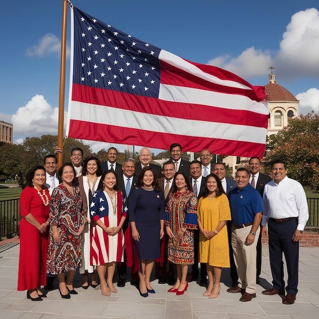 A diverse group of people participating in a citizenship ceremony in a federal building. The individuals are smiling and holding American flags. An official is administering the oath of allegiance.