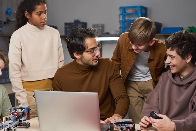 A group of high school students participating in a coding workshop, guided by an industry professional. The students are focused on their laptops, writing code, and troubleshooting problems. The workshop is held in a brightly lit, modern classroom with computers and technological equipment visible.
