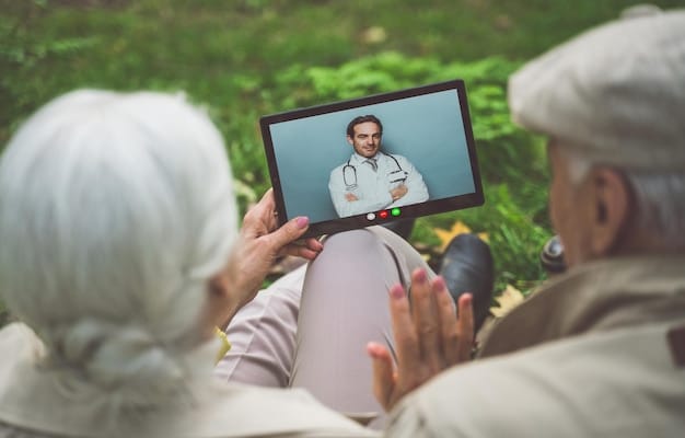 A doctor using telemedicine to consult with a patient in a rural area, using a tablet. The background shows a simple home interior and a bright, sunny field through the window, emphasizing broadened access to healthcare via technology.