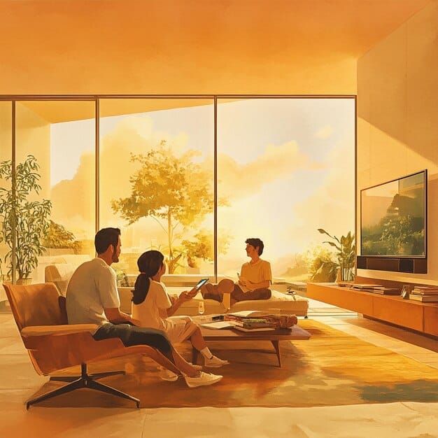 A digital illustration of a family happily conserving energy inside their brightly lit, modern home. They are sealing windows, adjusting thermostats, and using energy-efficient appliances.