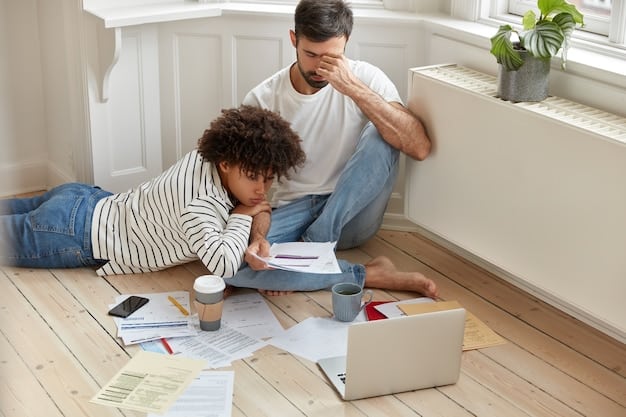 A family looking at a house, appearing concerned, with a visible calculator and financial documents in their hands. The scene conveys the stress of home buying affordability.