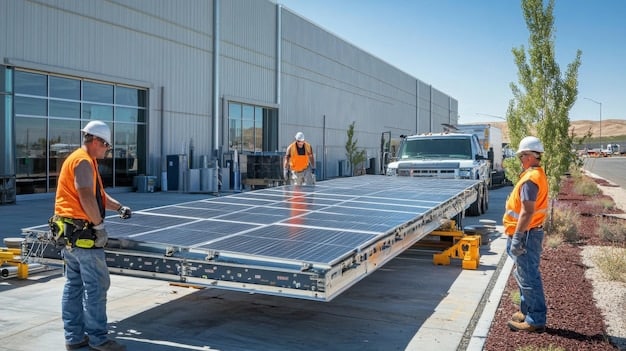 A bustling factory producing solar panels, with workers assembling and testing the panels. The scene is bright and clean, showcasing the growth and innovation in the renewable energy sector. This image highlights the economic opportunities arising from the Environmental Protection Agency Announces New Regulations on Carbon Emissions.