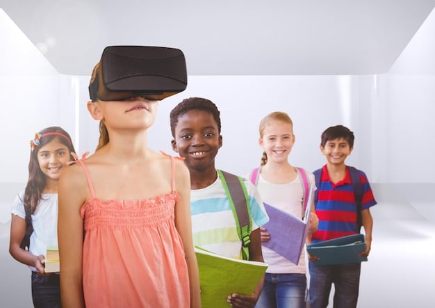 A group of students wearing VR headsets in a classroom. They are immersed in a virtual environment that simulates a historical landmark. The teacher is guiding them through the experience. This image shows the impact of VR/AR on The Future of Education: 3 Tech Trends Transforming US Classrooms.