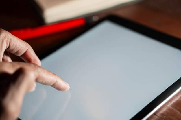 A close-up view of a digital tablet displaying a sample SAT question. The screen is divided into sections, showing the question, answer choices, and a timer in the corner. Focus is on the detail of the question and the digital interface with elements of Decoding the New SAT: Expert Strategies for a Top Score in 2025 included.