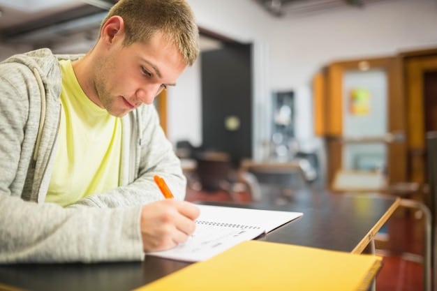 A close-up shot of a student meticulously working on their college application essay at a desk filled with books and papers. The scene captures the dedication and effort that goes into Navigating the College Application Process: Insider Tips for US Students.