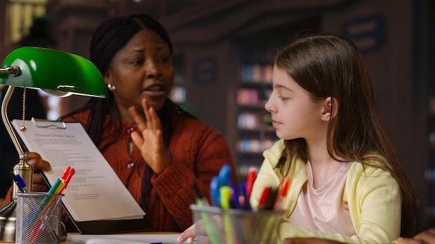 A student having a thoughtful conversation with a teacher after class, with books and papers spread across the table. The image highlights the importance of building strong relationships with educators for letters of recommendation when navigating the College Application Process: Insider Tips for US Students.