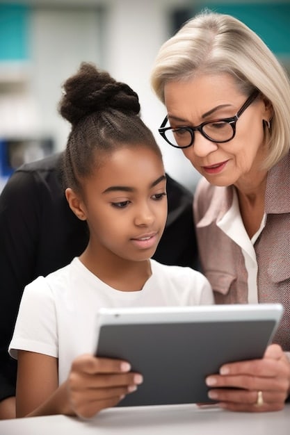 A close-up shot of a teacher interacting with a student using a tablet displaying an AI-driven educational app. The teacher is guiding the student, explaining how the AI is helping them understand the material. The scene emphasizes personalized learning and the teacher-student interaction facilitated by AI.