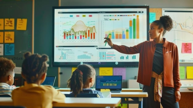 A teacher reviewing student performance data on a computer screen. The screen displays graphs and charts generated by an AI-powered analytics tool. The teacher is analyzing the data, identifying areas where students are excelling and areas where they need additional support. In the background, students are working on their assignments, highlighting the teacher's role in guiding and supporting their learning.