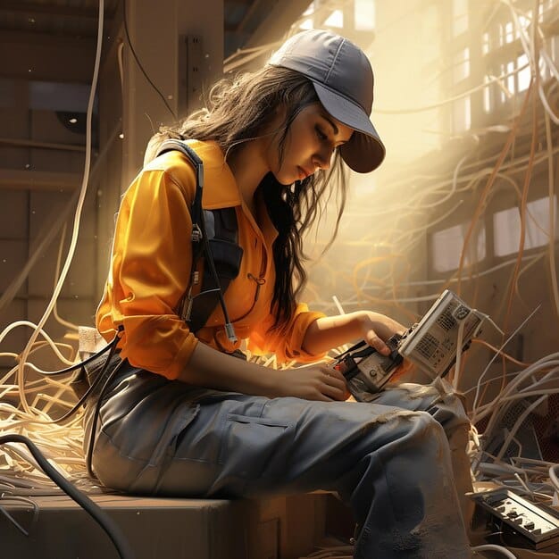 A female electrician working on electrical wiring in a residential setting. She is wearing safety glasses and using professional tools. The image highlights the hands-on, practical skills learned in trade school and emphasizes the growing opportunities for women in skilled trades.