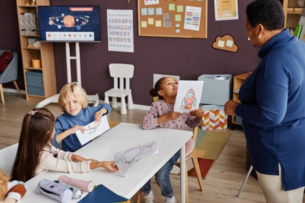 A classroom scene with diverse students working in small groups. The teacher is facilitating a discussion, pointing to a whiteboard with the words 