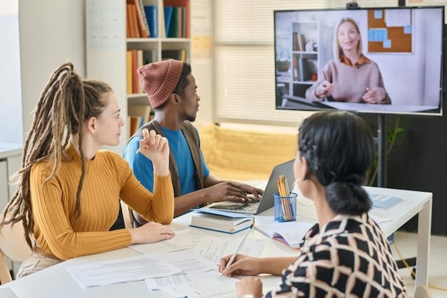 A diverse group of students participates in a virtual class on a large screen. The atmosphere is collaborative and engaging, showing the interactive nature of online learning despite the distance, which contradicts some myths debunked by The Truth About Online Education: Debunking Myths and Maximizing Success.