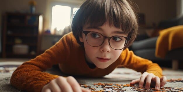A young child is shown smiling and concentrating while working on a puzzle in a classroom setting. The background includes shelves filled with colorful educational toys and books, suggesting a stimulating learning environment. The image highlights the cognitive benefits of early childhood education.