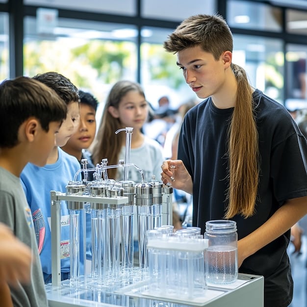A group of high school students excitedly presenting a prototype of a water purification system at a science fair. Their project demonstrates a practical application of STEM principles to solve environmental issues. The students are using engineering and scientific knowledge to create the project, symbolizing learning and innovation.
