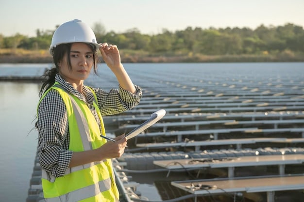A female engineer working on a renewable energy project in a solar farm, showcasing the application of STEM skills in addressing climate change. The scene highlights technological innovation and sustainable solutions, illustrating the importance of STEM for future challenges. The core aspects of What is STEM Education? And Why is it Crucial for Future Careers? is visible through the engineer's work.