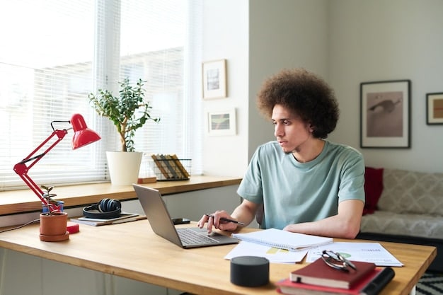 A student sitting at a desk, focused and engaged, using a combination of textbooks, online resources, and handwritten notes to study for AP exams. The scene highlights the importance of a multifaceted approach to studying the New Changes to AP Exams: What Students Need to Know for 2025.