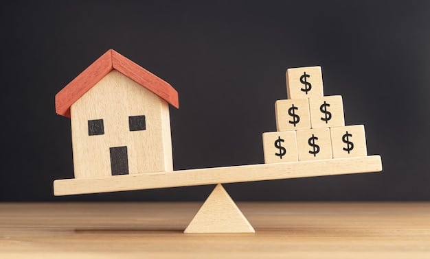 A seesaw balancing housing prices on one side and mortgage rates on the other, illustrating the relationship between the two, with the Federal Reserve logo subtly in the middle as the fulcrum.