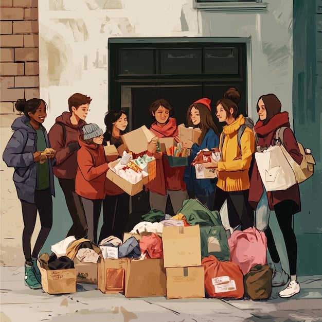 An illustration showing a group of young people struggling to carry an oversized bag labeled 