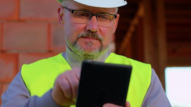Close up of a construction worker inspecting a newly laid section of high speed internet cable. The focus on precision and modern tech. Highlights the aspect of analyzing the impact of the Infrastructure Bill on the construction industry and related investments.