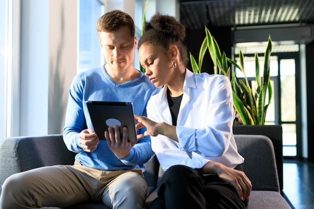 A financial advisor meeting with a couple in their living room, reviewing charts and graphs on a tablet. The atmosphere is professional and consultative.