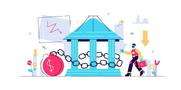 An illustration that depicts a central bank injecting money into the economy through quantitative easing. The central bank building looms in the background, and money is flowing into various sectors like housing, stock market, and businesses. The image also shows a rising inflation graph in the background to illustrate potential risks associated to 